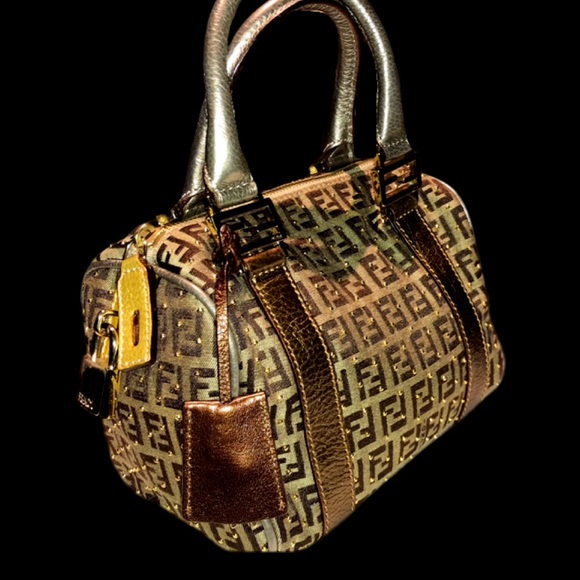 Fendi Zuchino Metallic Tobacco Brown Studded Gold Mini Forever Boston - Picture 4 of 15
